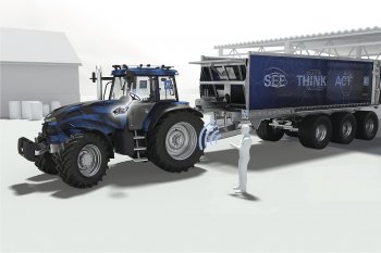 Funkce Safe Range (bezpečný manévrovací prostor) umožňuje, aby řidič ovládal soupravu traktor/ přívěs dálkově z bezpečného stanoviště.