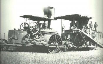 Obr. 8: Holt Jr. steamer s harvesterem na rýži, severní Sacromento (zdroj www.yesterdaystractors.com)