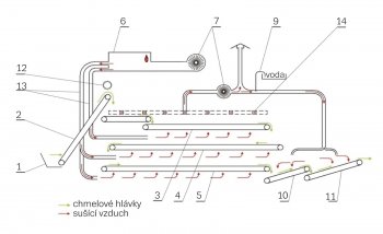 Obr. 3: Technologické schéma pásové sušárny chmele PCHB-750
<br>1 – násypka, 2 – šikmý sítový dopravník, 3 (4,5) – horní (prostřední, spodní) sušicí sítový dopravník, 6 – teplovzdušný agregát, 7, 8 – ventilátor, 9 – vodní hospodářství, 10 (11) – první (druhý) sítový dopravník klimatizační komory, 12 – rovnací válec, 13 – rozvodné vzduchové potrubí, 14 – odsávací otvory
