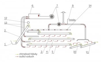 Obr. 3: Technologické schéma pásové sušárny chmele PCHB-750
<br>1 &ndash; násypka, 2 &ndash; šikmý sítový dopravník, 3 (4,5) &ndash; horní (prostřední, spodní) sušicí sítový dopravník, 6 &ndash; teplovzdušný agregát, 7, 8 &ndash; ventilátor, 9 &ndash; vodní hospodářství, 10 (11) &ndash; první (druhý) sítový dopravník klimatizační komory, 12 &ndash; rovnací válec, 13 &ndash; rozvodné vzduchové potrubí, 14 &ndash; odsávací otvory