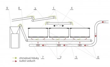 Obr. 4: Technologické schéma komorové sušárny chmele
<br>1 – sušicí komory, 2 – sušicí sítové dopravníky, 3 – pásové dopravníky, 4 – posuvný pásový dopravník, 5 – rozvod sušicího vzduchu, 6 – přední čela sušicích komor, 7 – příčný pásový dopravník, 8 – vynášecí kapsový dopravník, 9 – hranolový lis