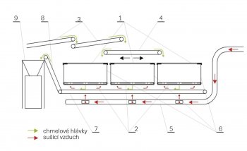 Obr. 4: Technologické schéma komorové sušárny chmele
<br>1 &ndash; sušicí komory, 2 &ndash; sušicí sítové dopravníky, 3 &ndash; pásové dopravníky, 4 &ndash; posuvný pásový dopravník, 5 &ndash; rozvod sušicího vzduchu, 6 &ndash; přední čela sušicích komor, 7 &ndash; příčný pásový dopravník, 8 &ndash; vynášecí kapsový dopravník, 9 &ndash; hranolový lis