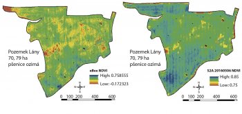 Obr. 2: Porovnání map NDVI na 70 ha pozemku s pšenicí ozimou – snímek z bezpilotního prostředku (vlevo) a družicový snímek Sentinel2. Obě mapy zachycují projevy nižších hodnot vegetačních indexů (červená škála) v mapování z roku 2016.