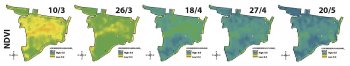 Obr. 3: Dynamika průběhu vývoje porostu pšenice ozimé na pozemku o výměře 70 ha zachycená NDVI snímky z družice Landsat 8 v průběhu vegetačního období 2014. Oranžovou barvou jsou znázorněny nízké hodnoty NDVI, tmavě modrou naopak vysoké.